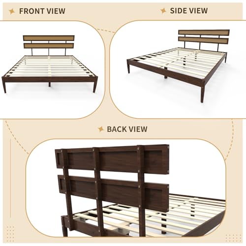 VINGLI Solid Wood King Size Rattan Bed Frame with Headboard, Boho Platform Panel Bed,Brown - size: King (U.S. Standard)