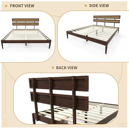 VINGLI Solid Wood King Size Rattan Bed Frame with Headboard, Boho Platform Panel Bed,Brown - size: King (U.S. Standard)