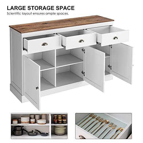 White Buffet Cabinet Storage Sideboard Farmhouse Server Bar Wine Cabinet with 3 Drawers & 3 Doors Adjustable Shelves Console Table for Dining Living Room Kitchen Cupboard - size: 15.6"D x 53.5"W x 34.1"H