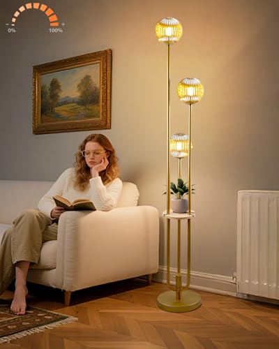 Globe Glass Floor Lamp with Table, Gold Tall Standing Lamps Dimmable, 3000K Warmwhite Mid Century Modern Floor Lamp with 5Lbs Heavy Base for Living Room/Bedroom - color: 3 Globe Glass-Gold