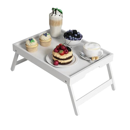 Youpehom Bamboo Bed Tray Table with Folding Legs, Large, White | Large bamboo bed tray with folding legs, handles and raised edges for meals, laptops, reading and serving in bed. - color: White, size: Large