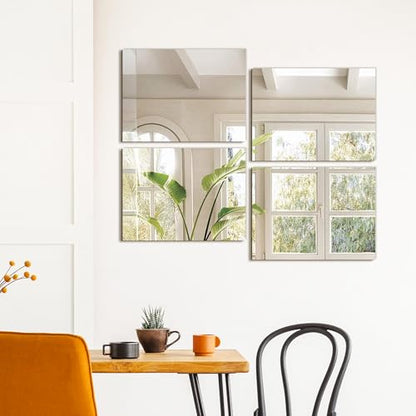 Wall Mirror Tiles, 16"x12"x4PCS Full Length Home Gym Mirror | HD Tempered Glass, Frameless Workout Mirror for Garage, Bedroom, Living Room, Over The Door - size: 16"x12"x4PCS
