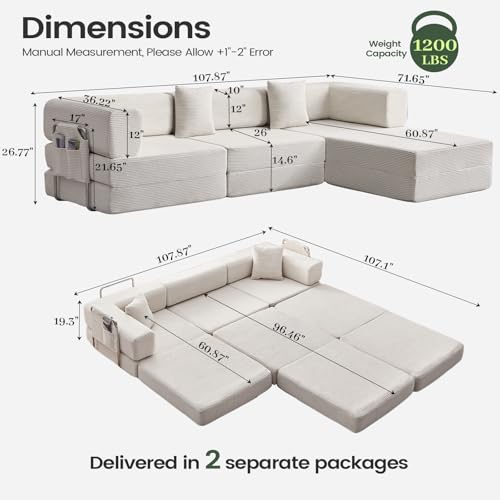 Folding Sofa Bed Convertable Corduroy Couch King Size Floor sleeper 4-in-1 DIY Combination Modular Sofa Fold Out Futon lounge Comfy Foldable Lazy cama For Living Room (white, 4-seater with a chaise) - color: White, size: 4-seater with a chaise