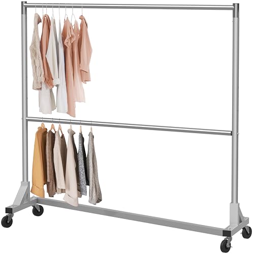 Simple Houseware Commercial Grade Z-Base Double Rod Garment Rack, Silver | 600Lb Load with 63" Extra Long Bar, Adjustable Middle Bar