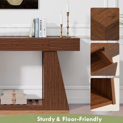 Console Table with Built-in Power Outlet, 60 Inch Narrow Farmhouse Sofa Table Behind Couch, Entryway Foyer Table with Side Storage Compartment & Slatted Bottom Shelf ，1PCS - color: Walnut