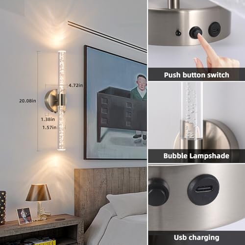Modern LED Battery Operated Wall Sconces Set of Two, Dimmable Bathroom Crystal Wall Sconce, USB Rechargeable Brushed Nickel Vanity Wall Lamp, Bubble Wall Lights For Bedroom, Living Room. 20-Inch - color: Brushed Nickel