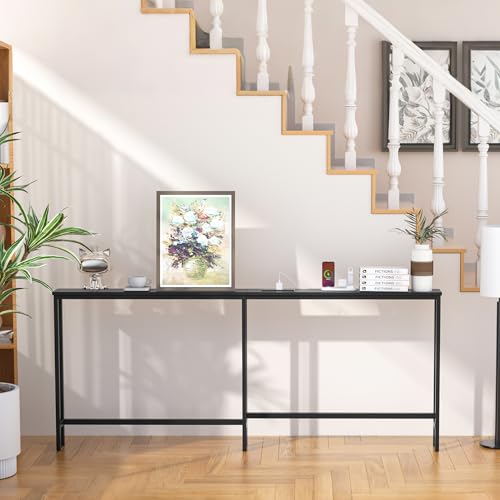 VASMIA 70.9 Inch Narrow Console Table with Outlet,Bamboo Sofa Table,Behind Couch Table,Skinny Hallway Table for Entryway Living Room,Foyer,Black - color: Black, size: 5.91"D x 70.87"W x 29.52"H