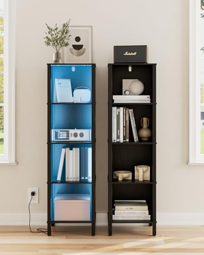 Bookshelf with LED Lights, Modern 4-Tier Bookcase, Open Storage Book Shelf, 11 × 14.2 × 50.4 Inches, Small Narrow Bookshelves for Living Room, Home Office, Bedroom, Black - color: Black