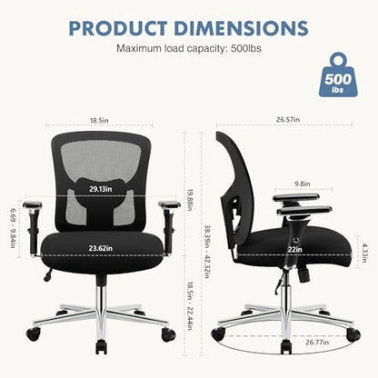 DUMOS Big and Tall Office Desk Chair, 500lbs Heavy Duty Mesh Chair | Ergonomic 4D Armrest, Comfortable Lumbar Support, Wide Seat, 360° Swivel Rolling Wheels, Adult, Black - color: Black
