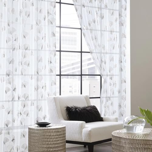 Silver Foil Print Sheer Curtains 96 inches Long, 2 Panels Ginkgo Bronzing Treatment Sheer Curtain, Rod Pocket Window Treatment Panels for Bedroom Living Room - color: Ginkgo/Silver/White, size: 42"W x 96"L (Pack of 2)