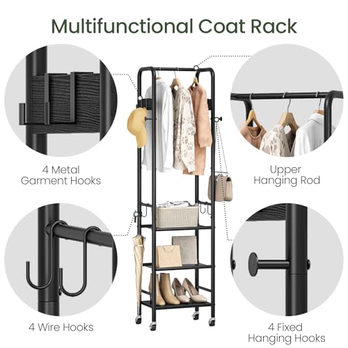 Coat Rack, Freestanding Coat Rack with 3 Shelves, Rolling Garment Rack with Wheels and Hooks, Coat Hanger Stand, Clothes Rack, Hanging Rod, for Entryway, Bedroom, Living Room, Black TYM17BB