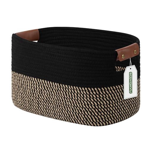 ECDYQXVU 15x10x9 Woven Cotton Rope Storage Basket, Leather Handles 1 Pack | Foldable Design, Sturdy PU Handles, Easy to Clean Organizer for Living Room, Closet, Shelves, Bedroom, Laundry, Clothes - color: Black/Brown-1 Pack, size: 1 Pack