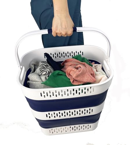 SAMMART 38L (10 Gallon) Collapsible Plastic Laundry Basket - Portable Pop-Up Storage Container/Organizer – Foldable Space Saving Laundry Hamper (2, White/Starry Blue) - color: White/Starry Blue