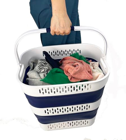 SAMMART 38L (10 Gallon) Collapsible Plastic Laundry Basket - Portable Pop-Up Storage Container/Organizer – Foldable Space Saving Laundry Hamper (2, White/Starry Blue) - color: White/Starry Blue