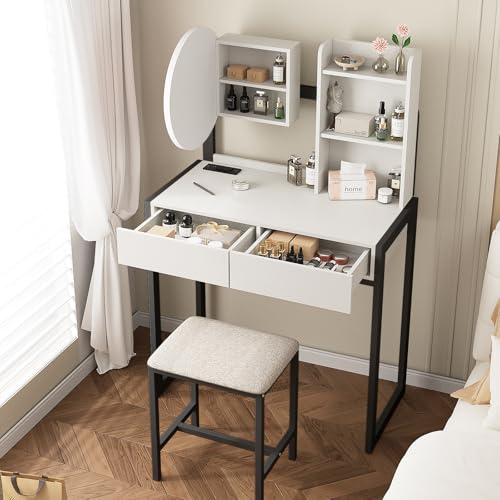 Small Vanity Desk with Mirror and Lights, Makeup Vanity Table with LED Mirror, 3 Lighting Modes, Power Outlet, Drawer, Open Shelves and Cushioned Stool for Bedroom (Black) - color: Black