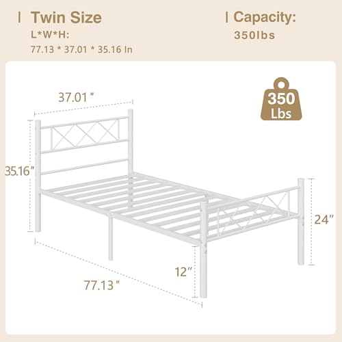 VECELO Twin Size Bed Frame with Headboard, Heavy Duty Bedframe with Strong Metal Slats, No Box Spring Needed & Easy Assembly, Pure White - color: Pure White, size: Twin