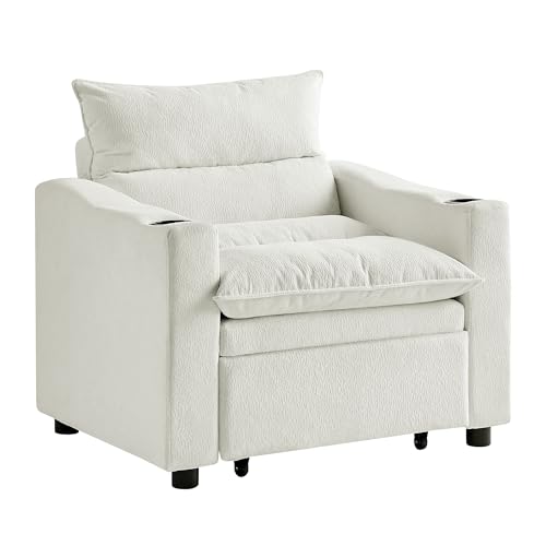 Eafurn 3-in-1 Convertible Sleeper Chair Bed Recliner Daybed w/Adjustable Backrest, Velvet Upholstered Pull Out Reading Chairs Modern Futon w/Cup Holders for Small Spaces Living Room - color: Beige 36.14"