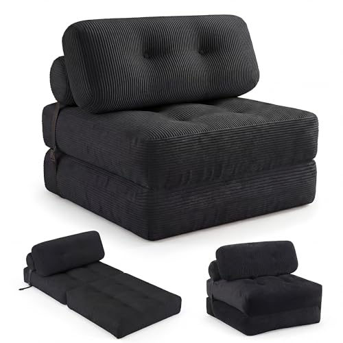 COSTWAY Folding Sofa Bed with Pillow, Convertible Couch (Black) | with Backrest & Fixing Straps, Boneless Convertible Sleeper Chair for Adults, Guest Use, Living Room - color: Black