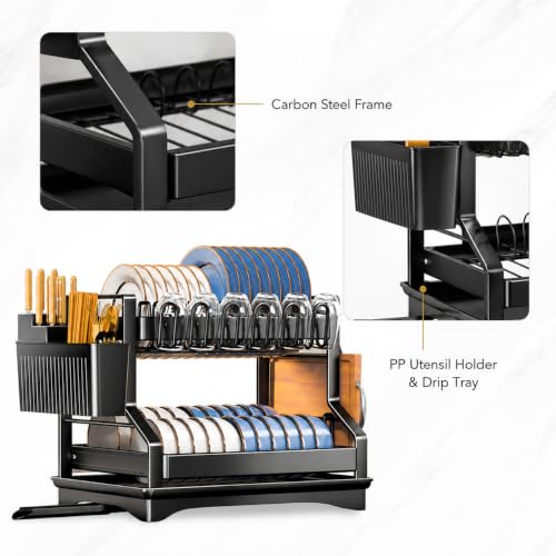Fandian Black Dish Drying Rack 2 Tier Dish Racks for Kitchen Counter and Sink, Large Dish Drying Rack with Drainboard & Utensil Holders Stainless Steel Dish Drainers Kitchen Organization and Storage - color: Black Dish Racks