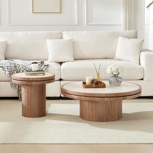 Round Nesting Coffee Table Set of 2 with Sintered Stone Tabletop & Sturdy Base, Modern Circle Center Tables Tea Table for Living Room, Easy Assembly - 35.43" & 19.49", Walnut - color: Nesting Coffee Table With Sintered Tabletop,walnut