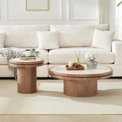 Round Nesting Coffee Table Set of 2 with Sintered Stone Tabletop & Sturdy Base, Modern Circle Center Tables Tea Table for Living Room, Easy Assembly - 35.43" & 19.49", Walnut - color: Nesting Coffee Table With Sintered Tabletop,walnut