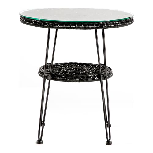 Furniture of America Ysar Boho 19-inch Round Coffee Table Outdoor with Tempered Glass Top and Metal Frame, Handcrafted Coastal Furniture for Patio, Poolside, Garden, Yard, Black - color: Black/19 In.