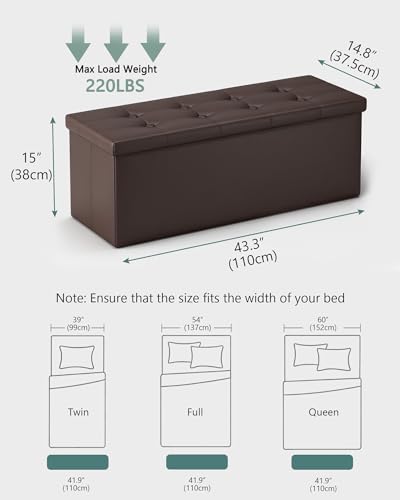 LITZFUR 43" Storage Ottoman Bench, Folding Faux Leather Chest, Brown | Stroage Box with 2 Dividers, Foot Rest Stool, Padded Seat for Bedroom, Entryway, Living Room