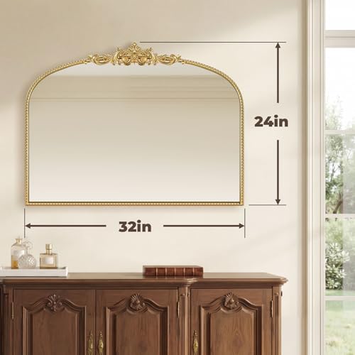 Gold Vintage Mirror 32''x24'' Laurel Leaf Design | Ornate Beaded Frame Vanity Mirror, Antique Style Bathroom Mirror for Living Room, Entryway，Dresser, Mantle - color: Gold, size: 24"L x 32"W