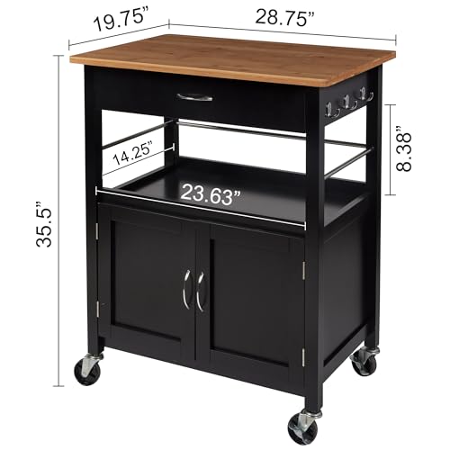 Kitchen Island Cart on Wheels, Black Base, Natural Bamboo Top | Drawer, Storage Cabinet, Shelf, Butcher Block - color: Black Base