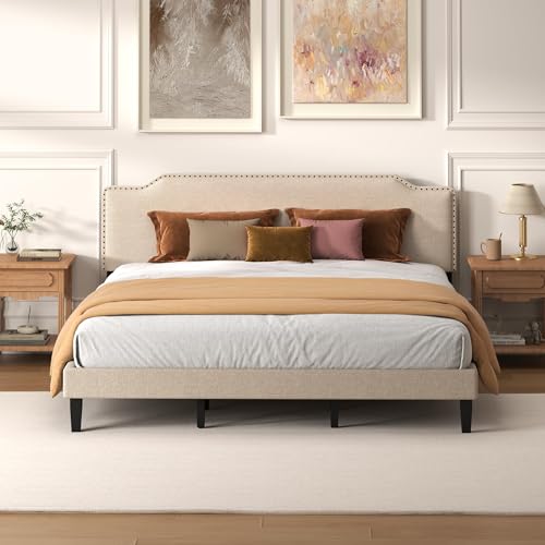 King Size Bed Frame with Upholstered Headboard, Wood Platform Bed with Soft Linen Adjustable Headboard | Elegant Studded Design | Wooden Slats | No Box Spring Needed, King Bed Frame Beige - color: Beige, size: King (U.S. Standard)