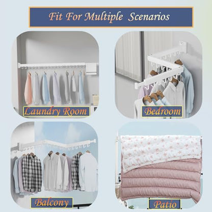 Dr.DJ Clothes Drying Rack for Laundry, Retractable Clothes Hanger Rack Wall Mounted Folding Indoor, Drying Rack, Space Saver Clothes Rack,Collapsible (Tri-Fold) with 18 J-Hooks Laundry Rack White - color: White