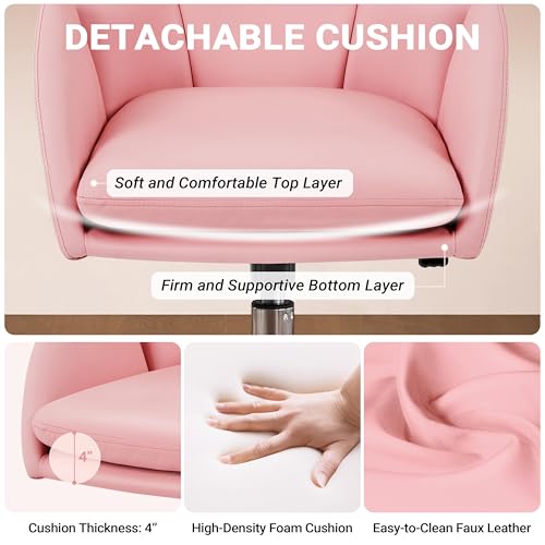 Yaheetech Simple Pink Petal Faux Leather Vanity Desk Chair, Swivel Wheels | Easy-clean faux leather cushioned seat fits makeup vanity, nail salon or office desks; adjustable height, swivel, fast setup. - color: Simple Pink