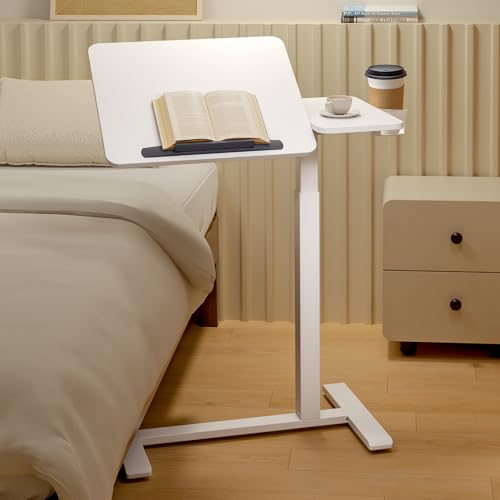Overbed Bedside Table with Wheels, Pneumatic Adjustable Medical Tilt Top Hospital Bed Table Over The Bed, Rolling Laptop Desk, Mobile Standing Desk for Hospital and Home Use, White - color: Pure White