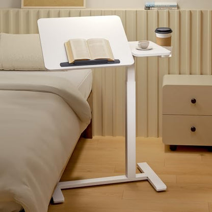Overbed Bedside Table with Wheels, Pneumatic Adjustable Medical Tilt Top Hospital Bed Table Over The Bed, Rolling Laptop Desk, Mobile Standing Desk for Hospital and Home Use, White - color: Pure White