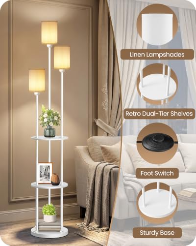 Floor Lamp with Shelves, Modern Floor Lamp with 3 Linen Shades and Foot Switch, 3-Light Standing Lamp, for Living Room, Bedroom, Study, Office, White W53LD05 - color: White