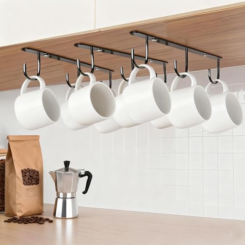 3pcs Under Cabinet Mug Hooks,Adhesive/Screw 2 Ways Install Mug Holder,Coffee Cups Hook with 9 Hooks,Mug Organizion Rack for Displaying Mugs/Cups/Kitchen Utensils (Black) - color: Black