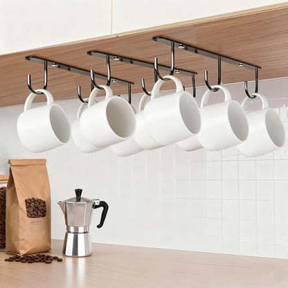 3pcs Under Cabinet Mug Hooks,Adhesive/Screw 2 Ways Install Mug Holder,Coffee Cups Hook with 9 Hooks,Mug Organizion Rack for Displaying Mugs/Cups/Kitchen Utensils (Black) - color: Black