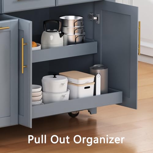 Kitchen Island with Trash Can Storage & Pull-Out Trays | Solid Rubberwood Countertop Kitchen Island on Wheels, Drop Leaf, Power Outlet, 3 Drawers - color: Grey