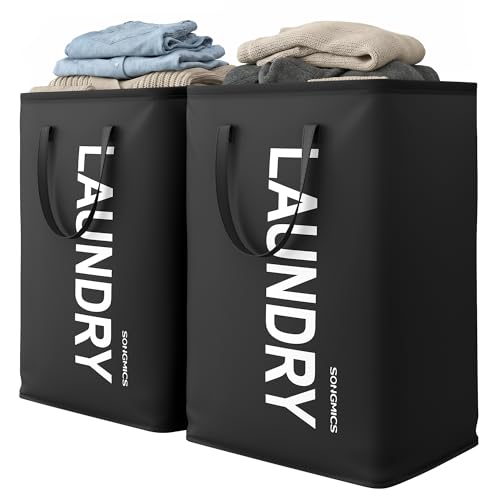 SONGMICS Laundry Hamper, 21.1-Gallon (80 L) Laundry Basket with Handles | Water-Repellent Storage Basket for Laundry Room, Bedroom, Bathroom, Ink Black URLH002BH01 - color: Ink Black, size: 2 Pack