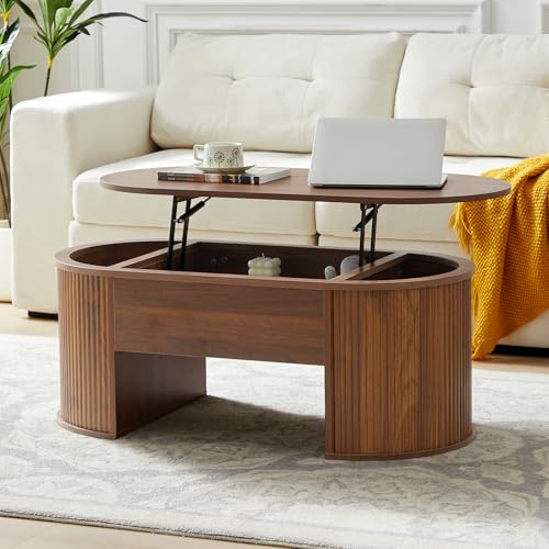 QHITTY Fluted Coffee Table with Lifting Top, Oval Wood Lift Top Coffee Table with Hidden Compartment, Mid Century Pull up Center Tables for Living Room, Office - Walnut - color: Round Table-walnut