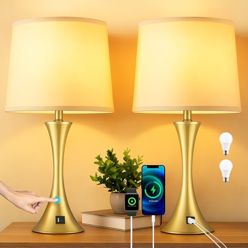 Touch Table Lamp, 3-Way Dimmable with LED Bulbs, USB Charger, Gold | 21.5" Touch Control Lamp for Nightstand, Living Room, Bedroom, Metal Body, Linen Shade, Type A+C Charging Port, Set of 2 - color: Gold