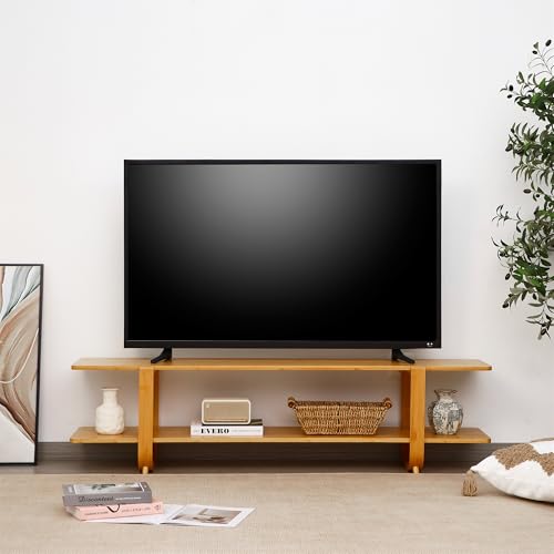 Bamboo TV Stand for TVs up to 65", Accent Entertainment Center with Storage, Media Console Table with Shelf, Modern TV Stand for Living Room, Bedroom, 55"(L), Burlywood - color: Burlywood