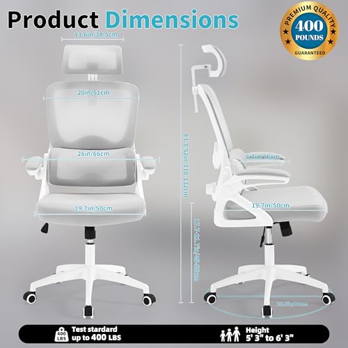 Ergonomic Office Chair,Mesh Office Chair with Lumbar Support,High Back Desk Chair with Flip-up Arms,400 lbs Big and Tall Computer Chair with Headrest,Comfy Desk Chairs (Light Grey) - color: Light Grey