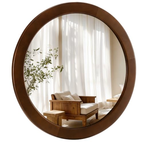 Round Mirrors 28 Inch,Wood Vanity Wall Rustic Mirror With Walnut Frame | Wooden Mirror For Bathroom Bedroom Living Room or Entryway(Walnut Brown) - color: Walnut Brown, size: 28"L x 28"W