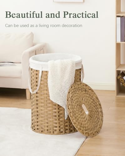 SETVSON Laundry Basket with Lid Round 29.1 Gal PE Rattan, Natural | Family Clothes & Blanket Trunk with Lid, Removable Liner Bag with Handles, 2 Mesh Wash Bags, Collapsible Steel Frame - color: Natural, size: 110 L