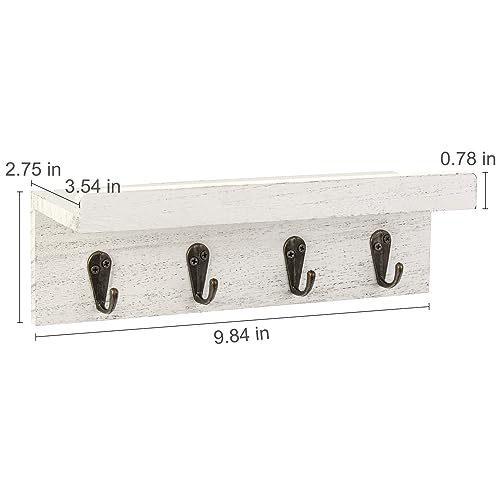 HRONRAD Rustic Key Holder for Wall, Farmhouse Wall Shelf with 4 Hooks, Wall Mounted Key Racks, Wooden Mail Organizer with Hooks for Entryway (White) - color: White