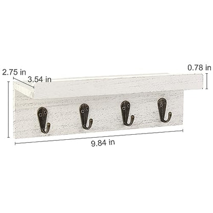 HRONRAD Rustic Key Holder for Wall, Farmhouse Wall Shelf with 4 Hooks, Wall Mounted Key Racks, Wooden Mail Organizer with Hooks for Entryway (White) - color: White