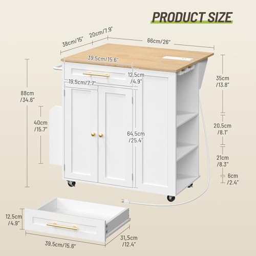 Kitchen Island with Storage, Rolling Kitchen Table with Drop Leaf, Charging Station, 3 Open Adjustable Shelf & Drawer, Towel Rack, Mobile Kitchen Cart for Dining Room, White and Natural - color: White + Natural