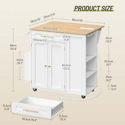 Kitchen Island with Storage, Rolling Kitchen Table with Drop Leaf, Charging Station, 3 Open Adjustable Shelf & Drawer, Towel Rack, Mobile Kitchen Cart for Dining Room, White and Natural - color: White + Natural