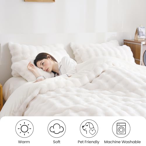 Fluffy White Duvet Cover Twin Set, Soft Shaggy Plush Rabbit Bedding Set 2 Pieces (1 Fuzzy Comforter Cover + 1 Faux Fur Pillow Cases) Zipper Closure（White, Twin） - color: White, size: Twin